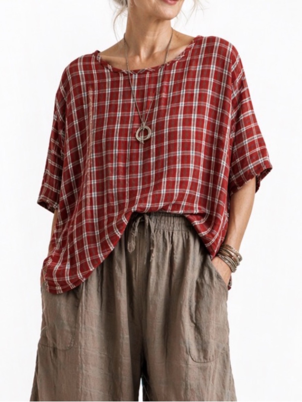 FLAX Oversized Plaid Top Size Large - Rust Red & Cream - Boxy Art Teacher Chic